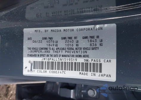 2022 Mazda Mazda3 Carbon Edition из США, поврежденный, VIN JM1BPALL5N1519319